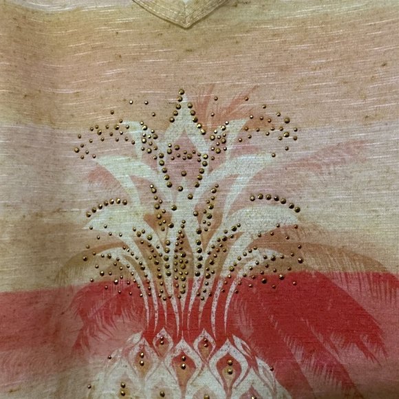 One World Sheer Top T Shirt Pineapple Embellished Yellow Orange Tropical Summer - Picture 3 of 8
